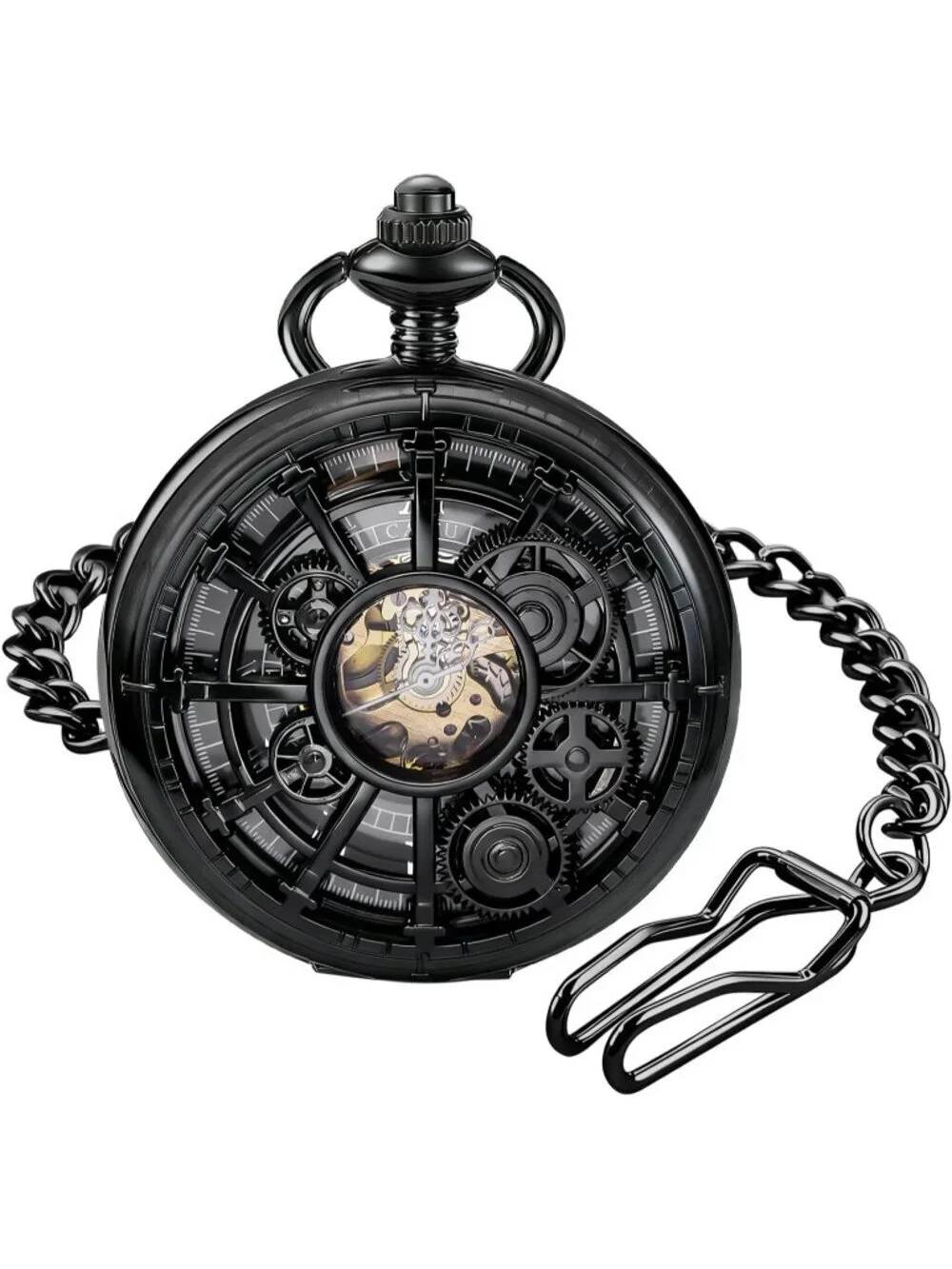 Men's All Black Vintage Style Hollow-Out Gear Arabic Mechanical Pocket Watch